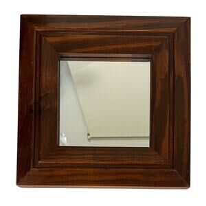Vintage Wall Mirror Square Solid Wood Frame Brown 11” x 11” MCM Cottage Decor